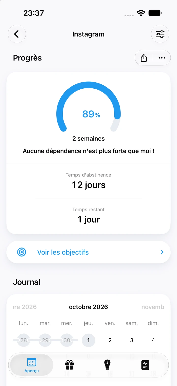 Écran de progrès Quitzilla : Réseaux sociaux