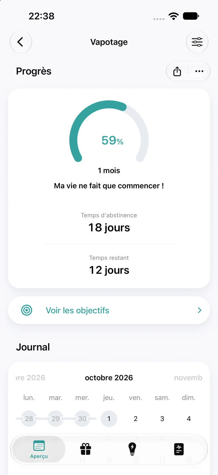 Écran de progrès Vapotage : anneau à 59 % d’un objectif d’un mois, 18 jours d’abstinence et 12 jours restants