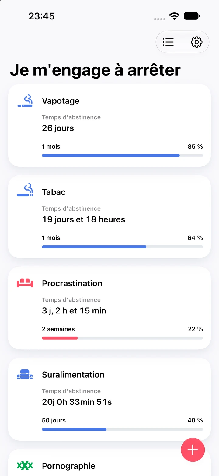 Écran d’accueil de Quitzilla, « Je m’engage à arrêter » : 26 jours sans vapoter, 19 jours et 18 heures sans tabac, 3 jours sans procrastination et 20 jours sans suralimentation, chacun avec sa progression vers son objectif