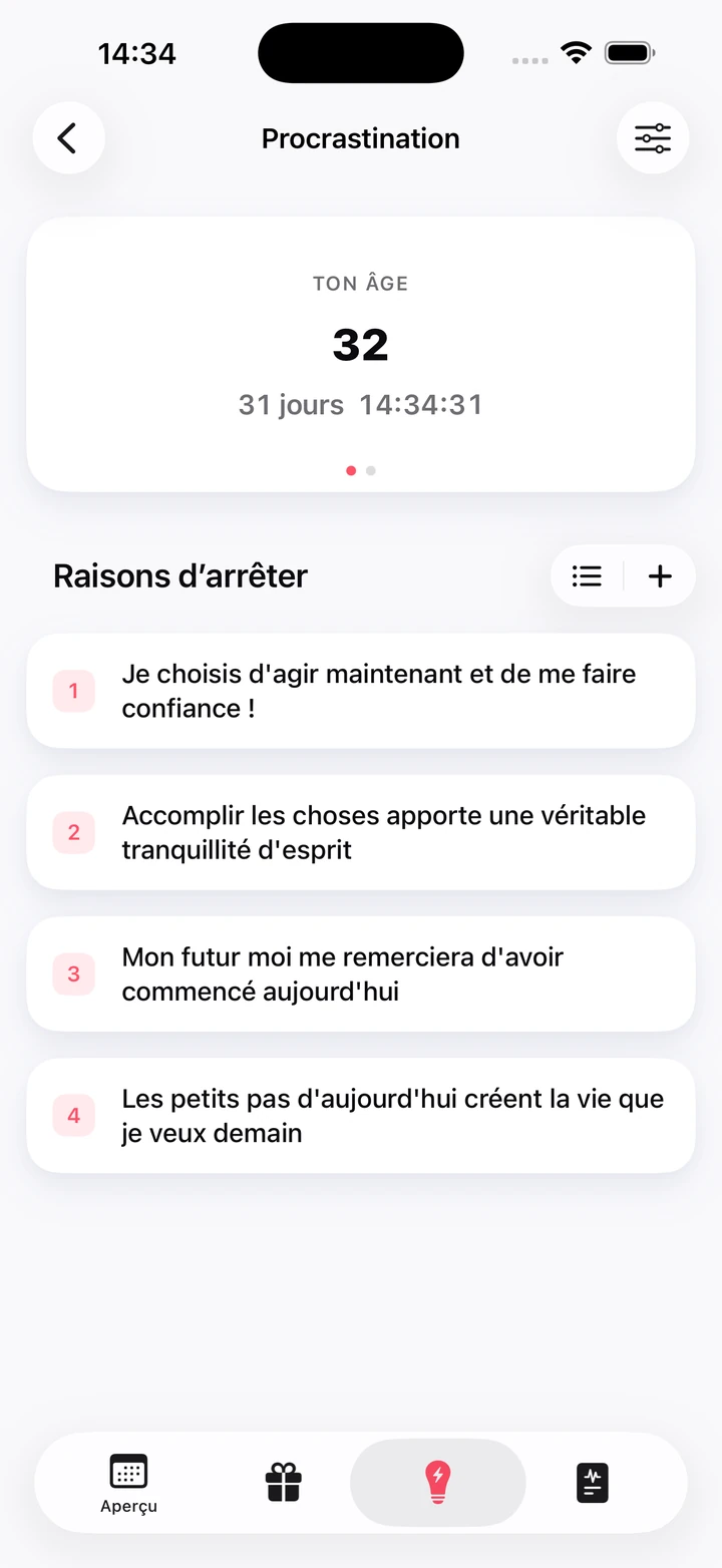 Liste de raisons personnelles d’arrêter, sous un compteur qui affiche votre âge