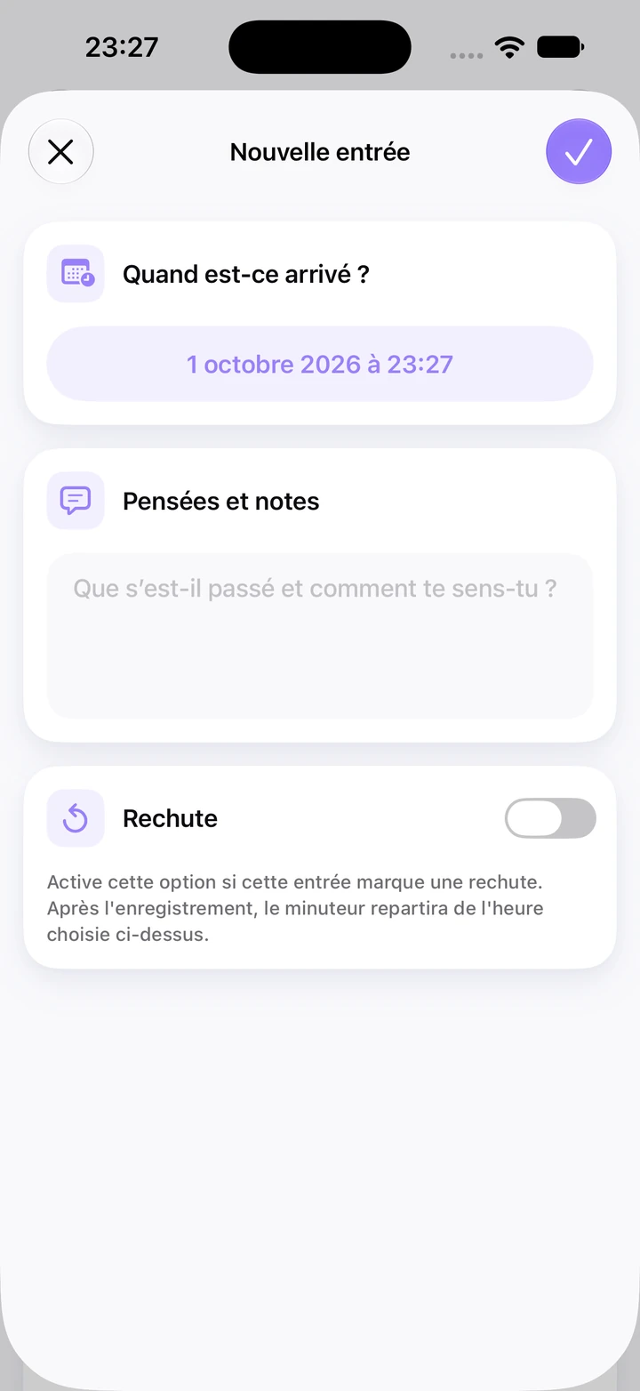 Nouvelle entrée du journal pour Se ronger les ongles, datée du 1er octobre 2026 à 23 h 27, avec un champ Pensées et notes vide et l’interrupteur Rechute désactivé