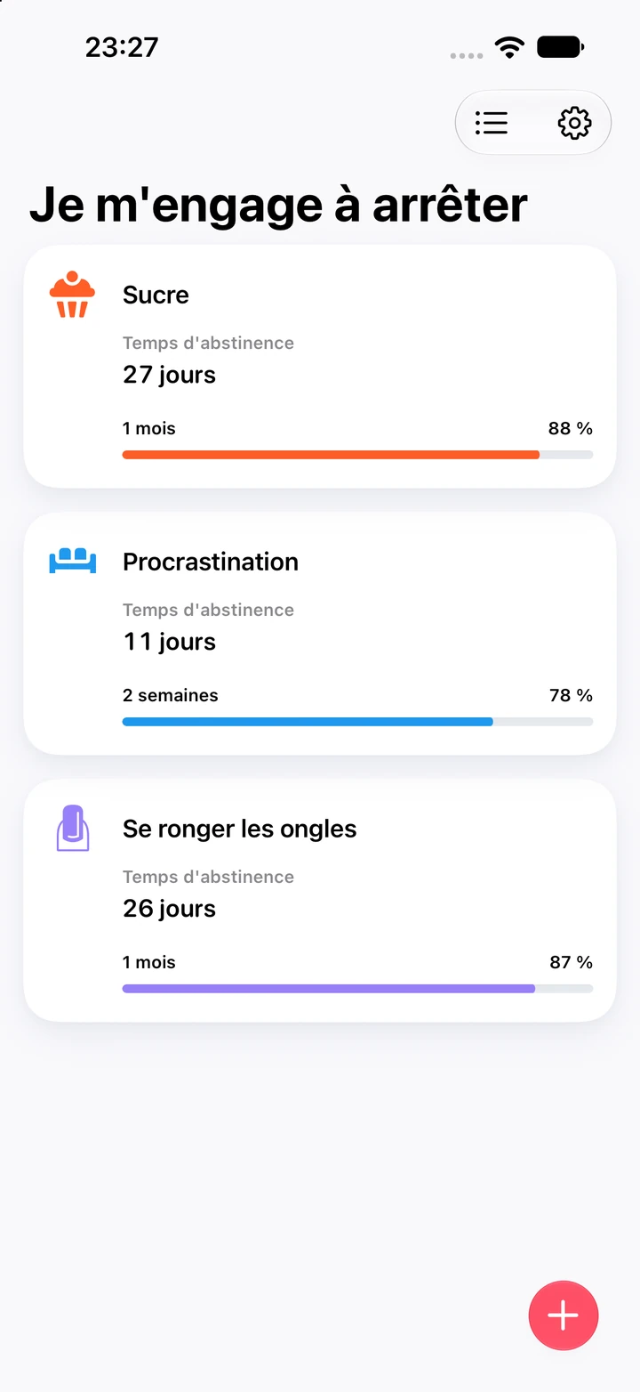 Liste des habitudes Quitzilla intitulée « Je m’engage à arrêter » : Se ronger les ongles à 26 jours et 87 % d’un objectif d’un mois, avec Sucre à 27 jours et Procrastination à 11 jours au-dessus