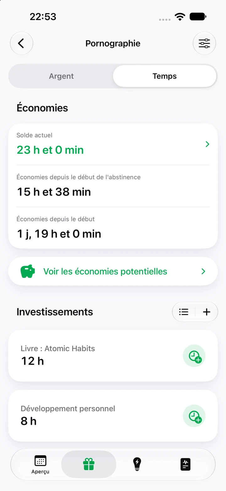 Onglet Temps de Pornographie : solde de 23 heures, 15 h 38 min économisées depuis le début de l’abstinence et des heures investies dans un livre et dans le développement personnel