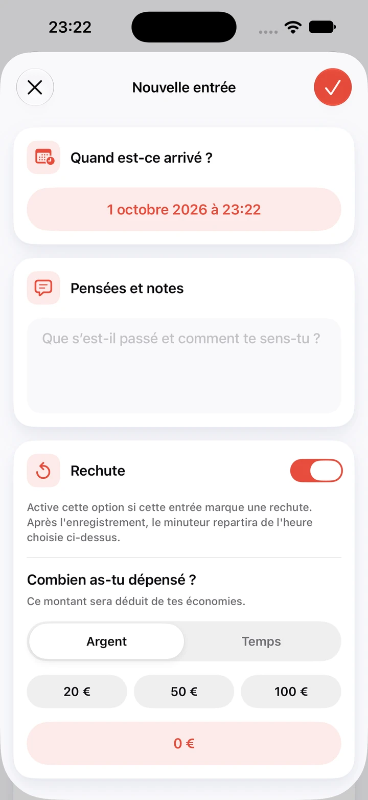 Formulaire d’entrée du journal pour une rechute : 1er octobre à 23 h 22, champ Pensées et notes vide, interrupteur Rechute activé et boutons 20, 50 et 100 € pour le montant dépensé