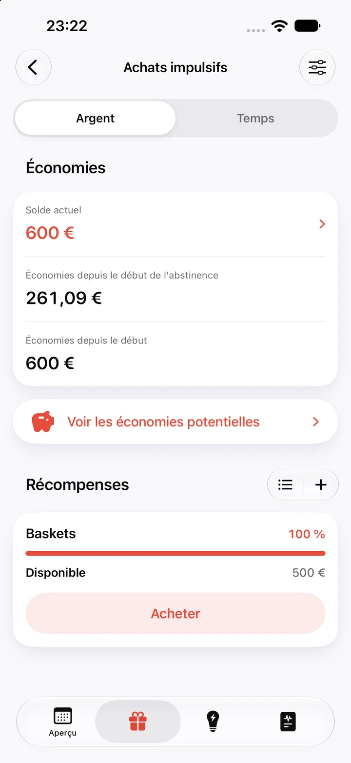 Économies Achats impulsifs : solde actuel de 600 €, 261,09 € d’économies depuis le début de l’abstinence et une récompense Baskets de 500 € remplie à 100 % avec un bouton Acheter