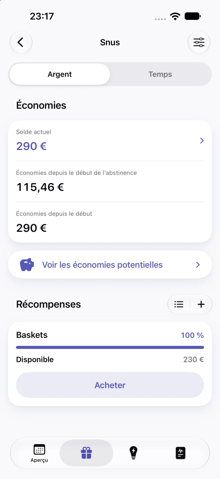 Économies Snus dans l’onglet Argent : solde actuel de 290 €, 115,46 € depuis le début de l’abstinence, 290 € depuis le début et une récompense Baskets de 230 € à 100 % avec un bouton Acheter