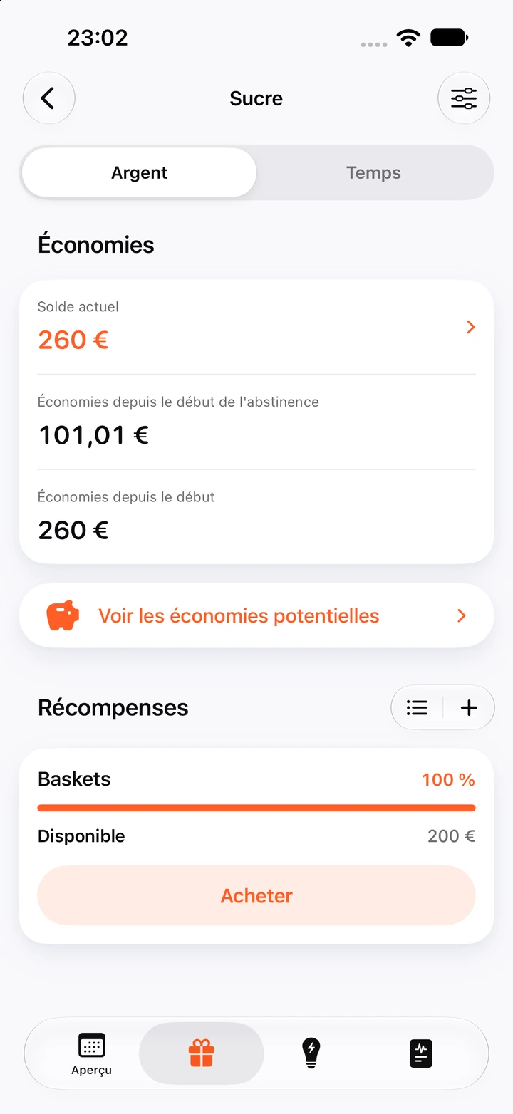 Économies Sucre : solde actuel de 260 €, avec une récompense Baskets de 200 € remplie à 100 % et prête à être achetée