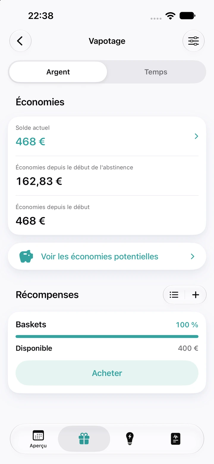 Onglet Argent du vapotage : solde actuel de 468 €, 162,83 € économisés depuis le début de l’abstinence et une récompense Baskets de 400 € à 100 %, prête à être achetée