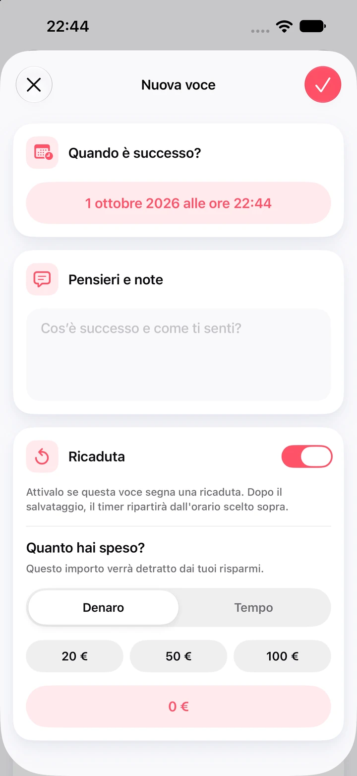 Nuova voce del diario segnata come ricaduta, con il campo note e importi rapidi di 20, 50 e 100 € per la somma spesa