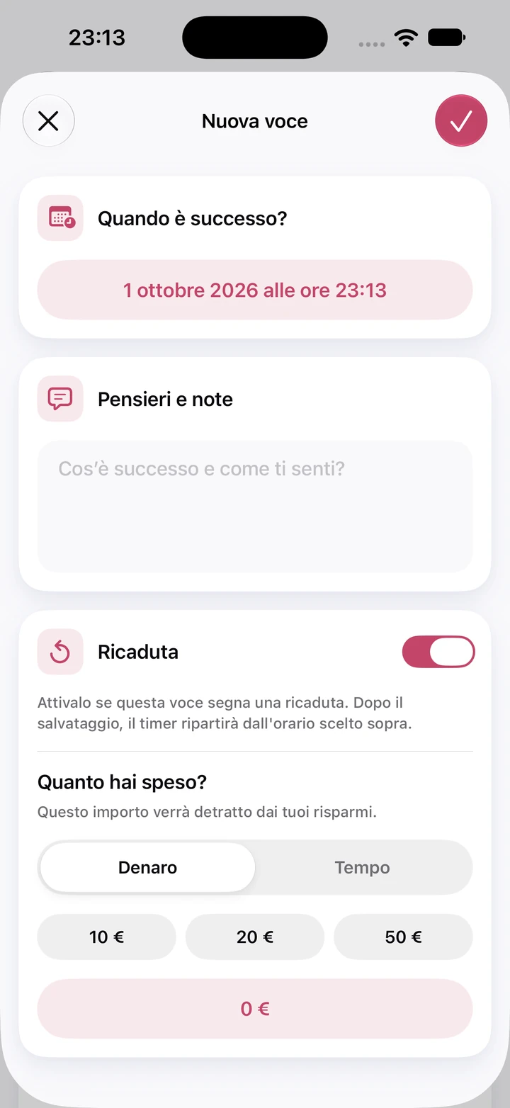 Nuova voce del diario: campo Pensieri e note vuoto, interruttore Ricaduta attivo e la somma spesa a 0 €