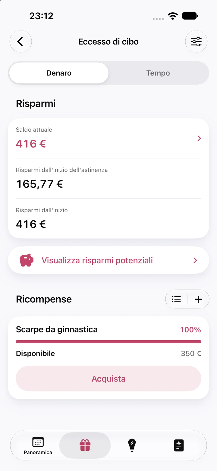 Schermata dei risparmi per l'eccesso di cibo: saldo attuale di 416 €, 165,77 € risparmiati dall'inizio dell'astinenza e una ricompensa «Scarpe da ginnastica» da 350 € al 100%, pronta da acquistare