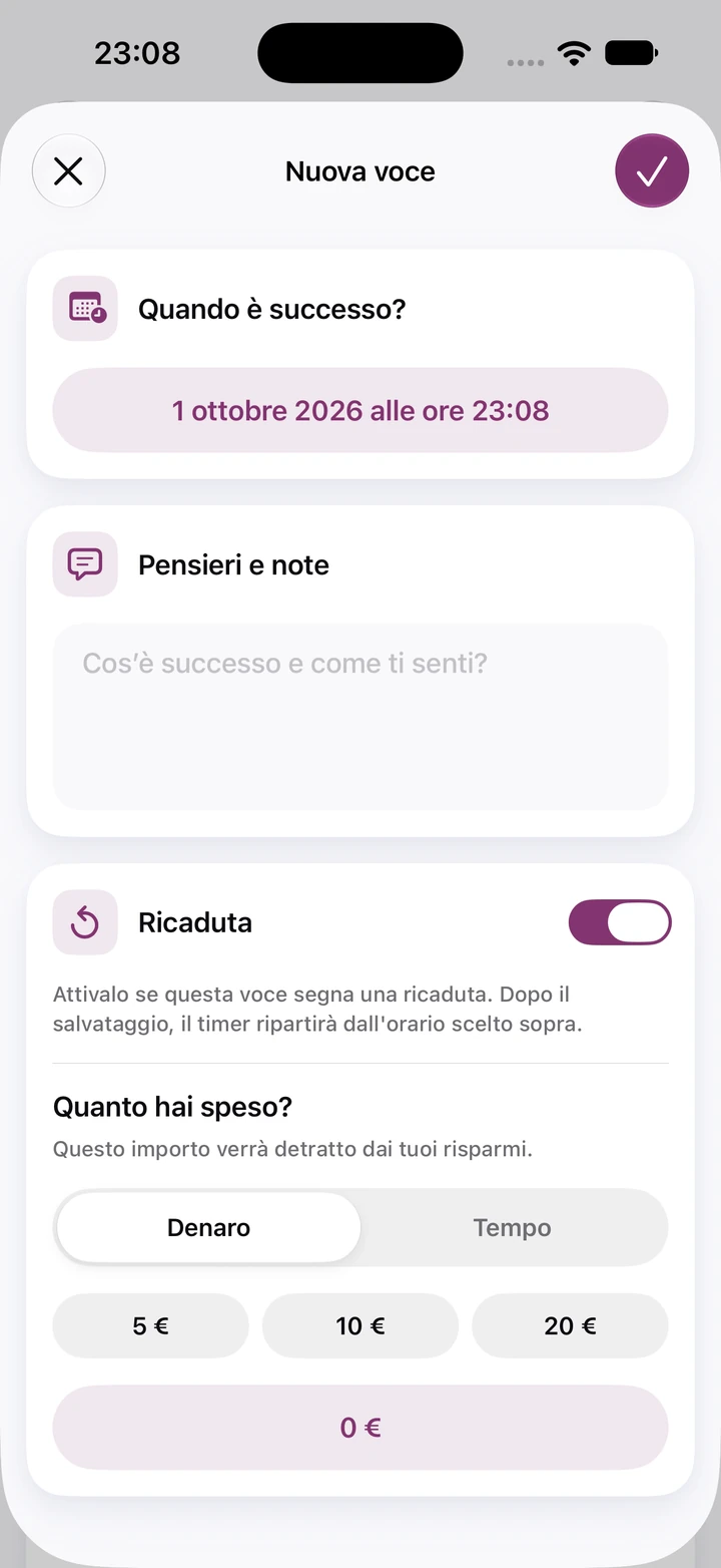 Nuova voce del diario con l'interruttore Ricaduta attivo, il campo Pensieri e note vuoto e importi rapidi per la somma spesa