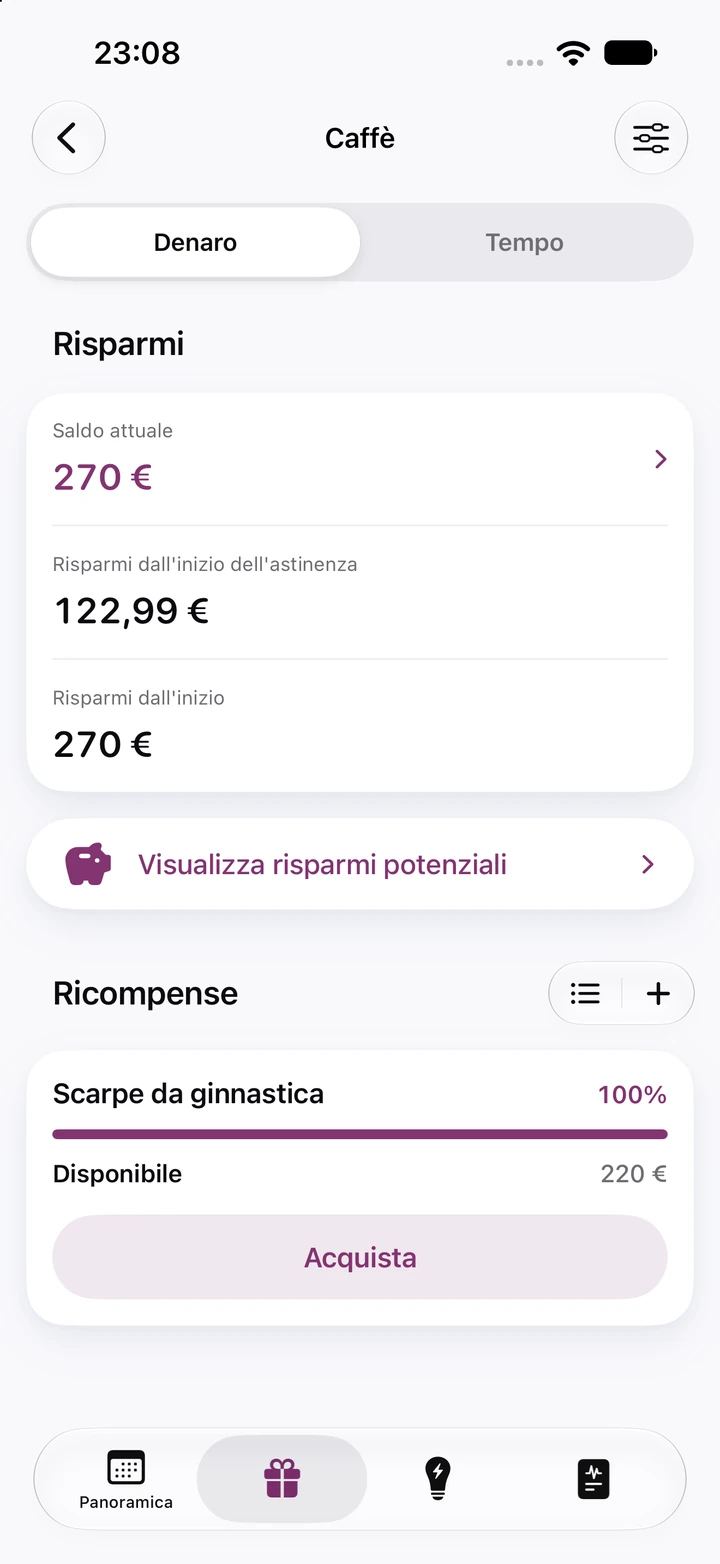 Schermata dei risparmi per il caffè: saldo attuale di 270 €, 122,99 € risparmiati dall'inizio dell'astinenza e una ricompensa «Scarpe da ginnastica» da 220 € pronta da acquistare