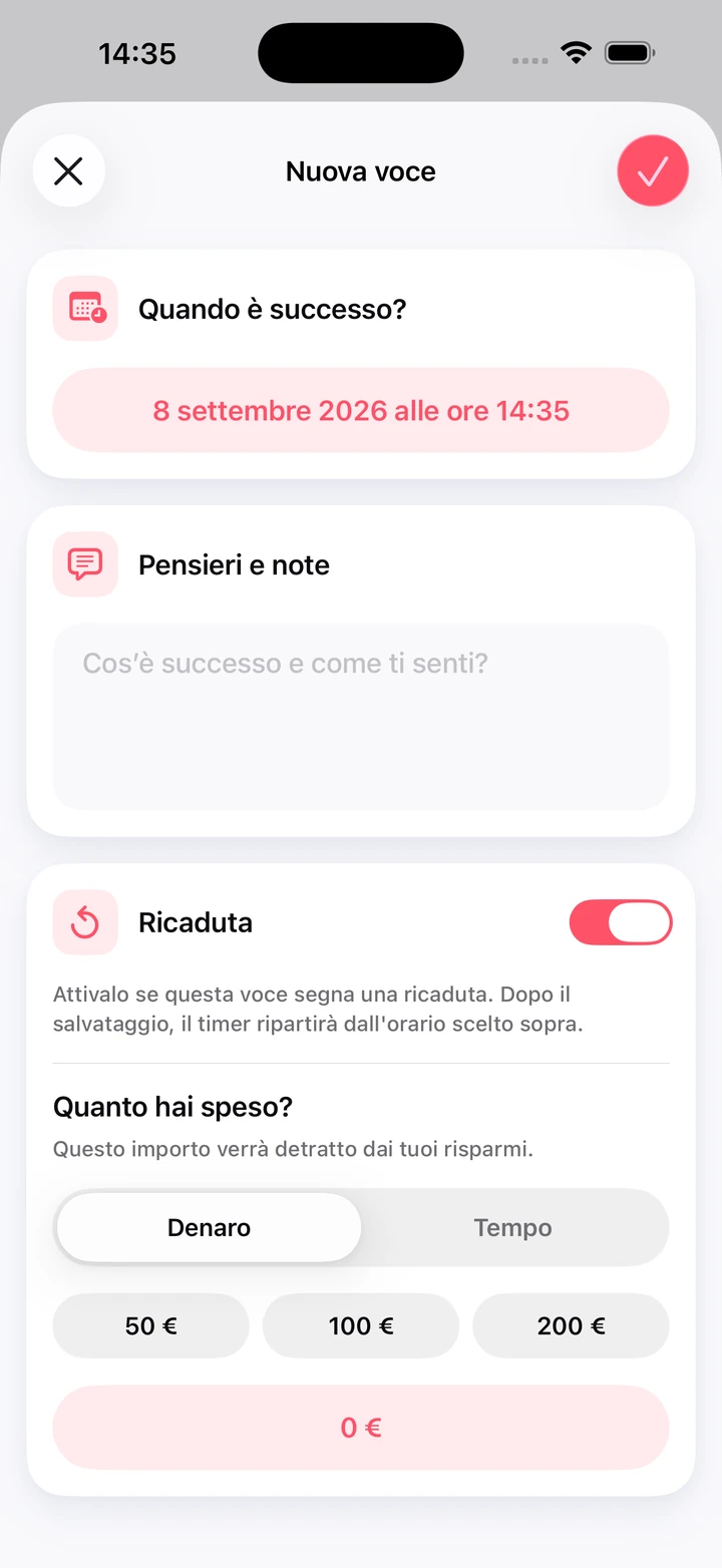 Nuova voce del diario con il campo note, l'interruttore Ricaduta e la somma spesa