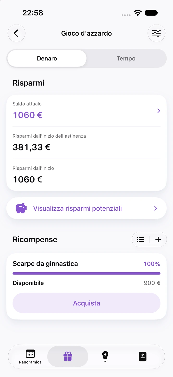Schermata dei risparmi per il gioco d'azzardo: saldo attuale di 1060 €, 381,33 € risparmiati dall'inizio dell'astinenza e una ricompensa «Scarpe da ginnastica» pronta da acquistare