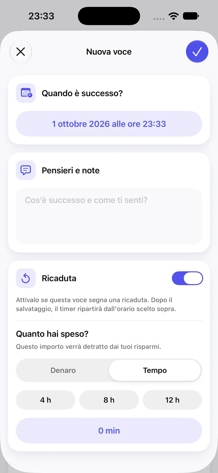 Nuova voce del diario con l'interruttore Ricaduta attivo, il campo Pensieri e note vuoto e la scelta del tempo speso con le opzioni 4, 8 e 12 ore