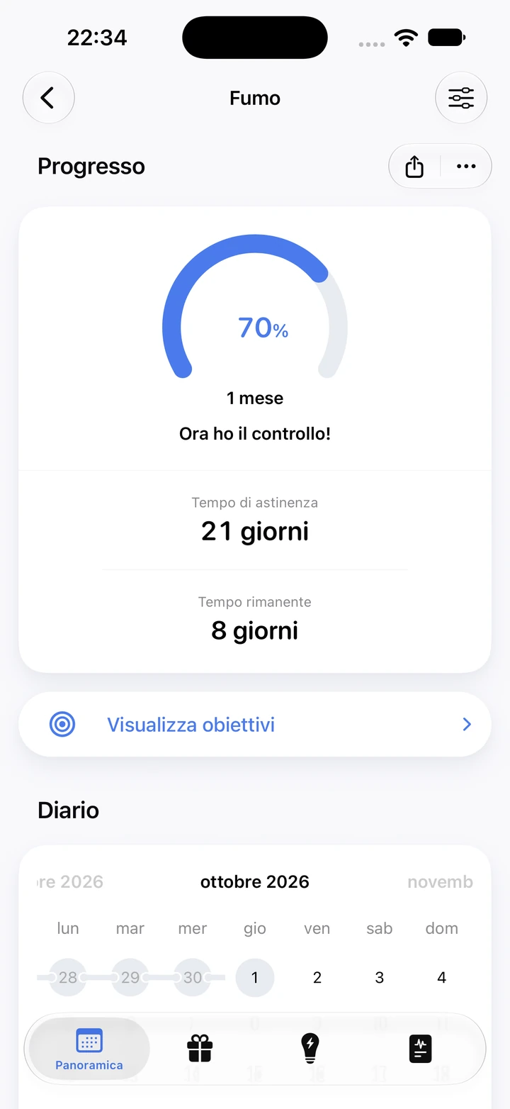 Schermata dei progressi per il fumo: 21 giorni senza fumo e 70% dell'obiettivo di 1 mese