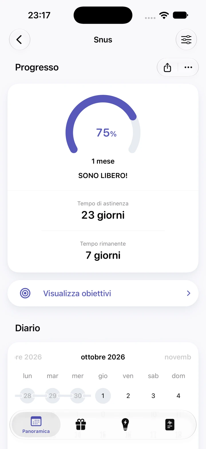 Schermata dei progressi per lo snus: 75% dell'obiettivo di 1 mese, 23 giorni di tempo di astinenza, 7 giorni rimanenti e una catena di giorni puliti sul calendario del diario