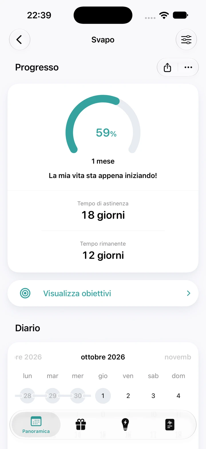 Schermata dei progressi per lo svapo: anello al 59% dell'obiettivo di 1 mese, 18 giorni di astinenza e 12 giorni rimanenti