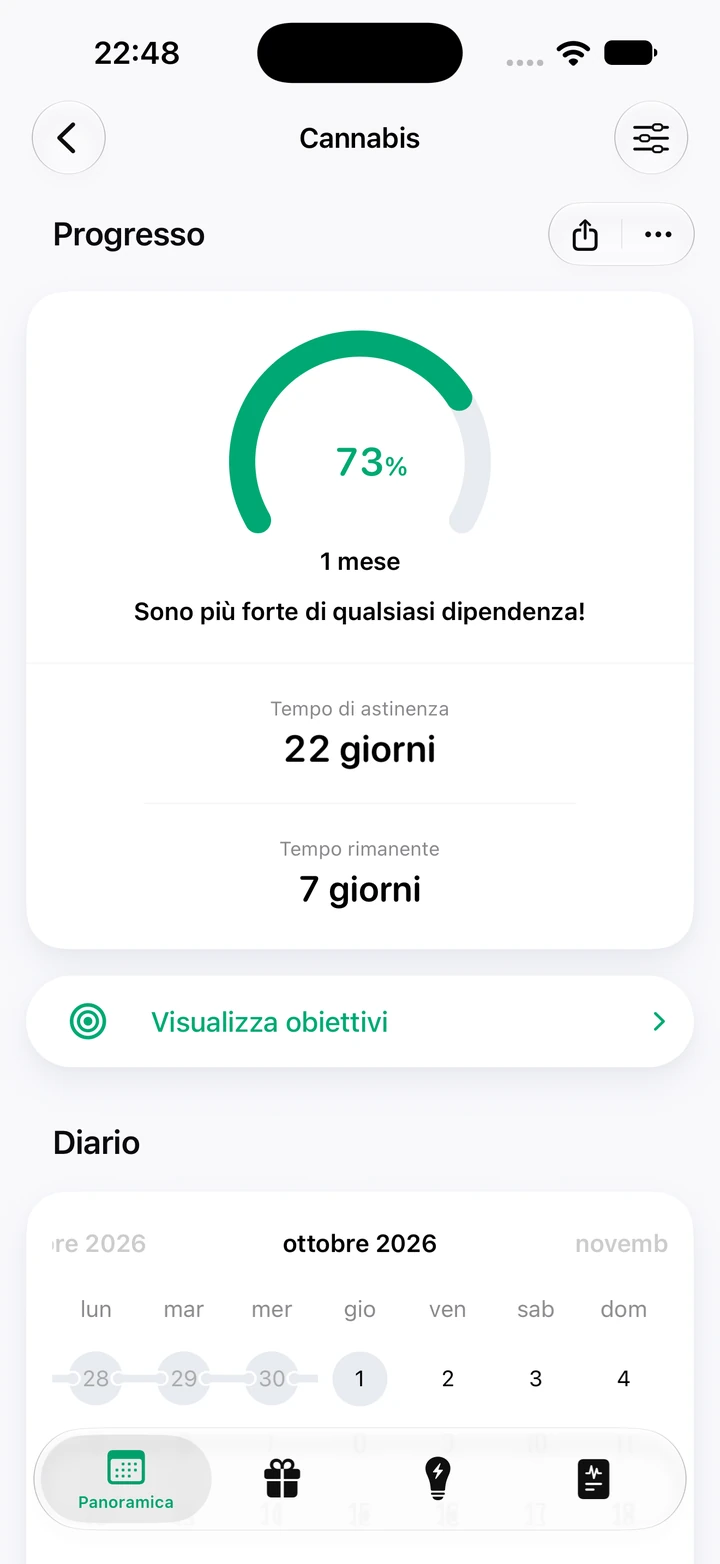 Schermata dei progressi per la cannabis: 22 giorni di tempo di astinenza e 73% dell'obiettivo di 1 mese, con 7 giorni rimanenti