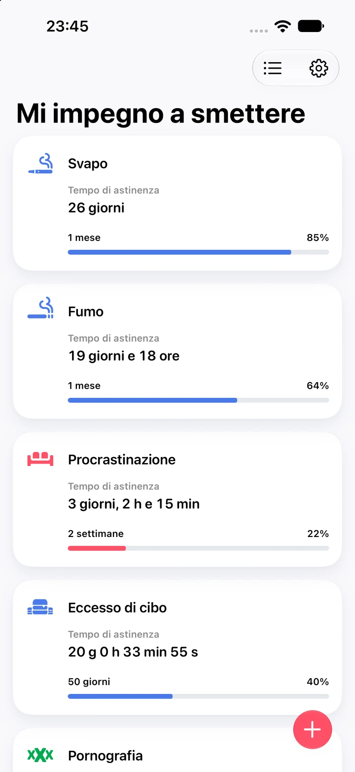 Schermata principale di Quitzilla «Mi impegno a smettere» con i timer di astinenza: svapo da 26 giorni, fumo da 19 giorni e 18 ore, poi procrastinazione ed eccesso di cibo