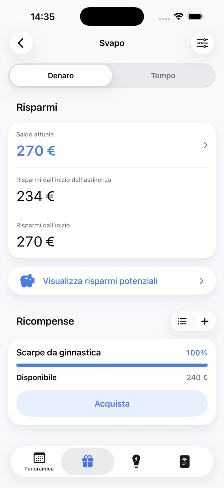 Schermata dei risparmi per lo svapo con un saldo di 270 € e una ricompensa pronta da acquistare