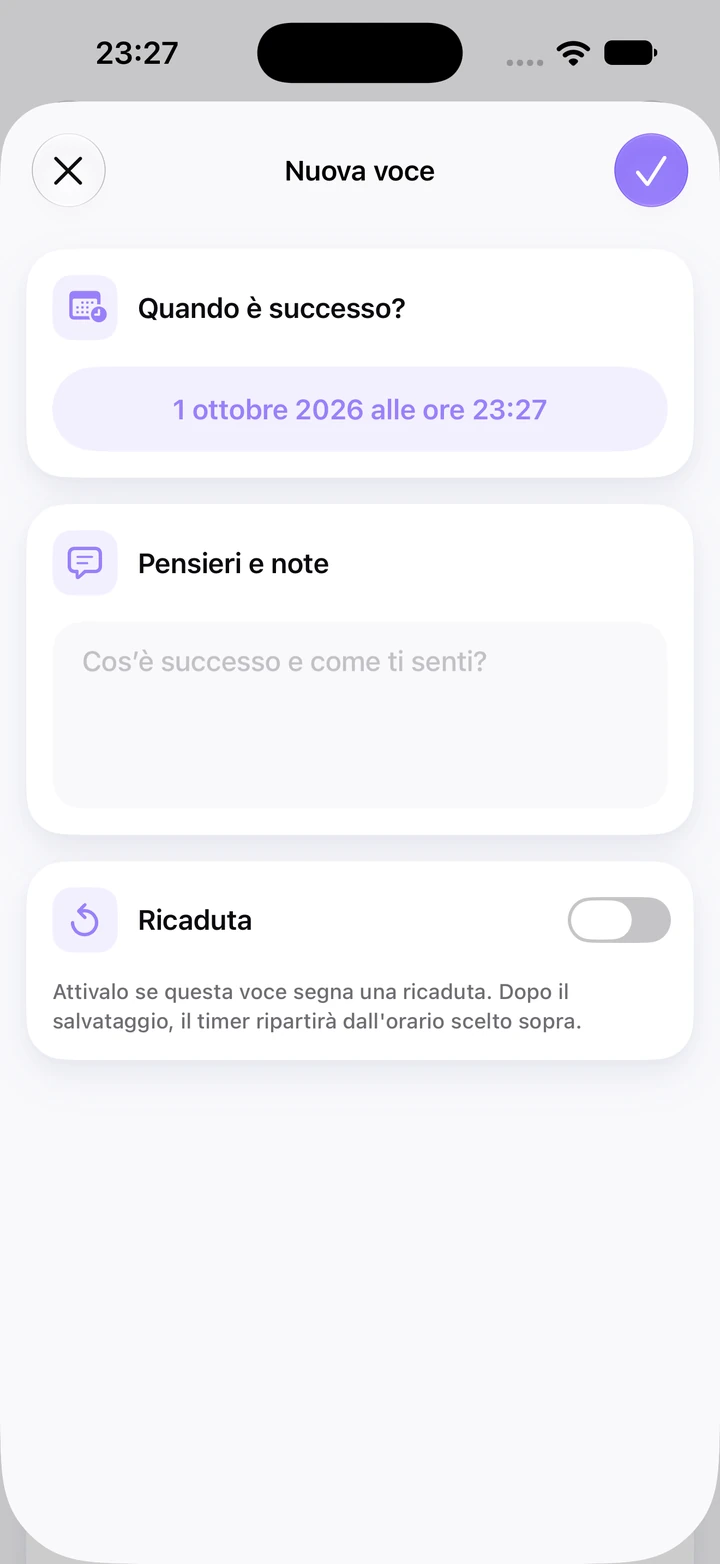 Nuova voce del diario per Mangiarsi le unghie con data 1 ottobre 2026, ore 23:27, il campo Pensieri e note vuoto e l'interruttore Ricaduta spento