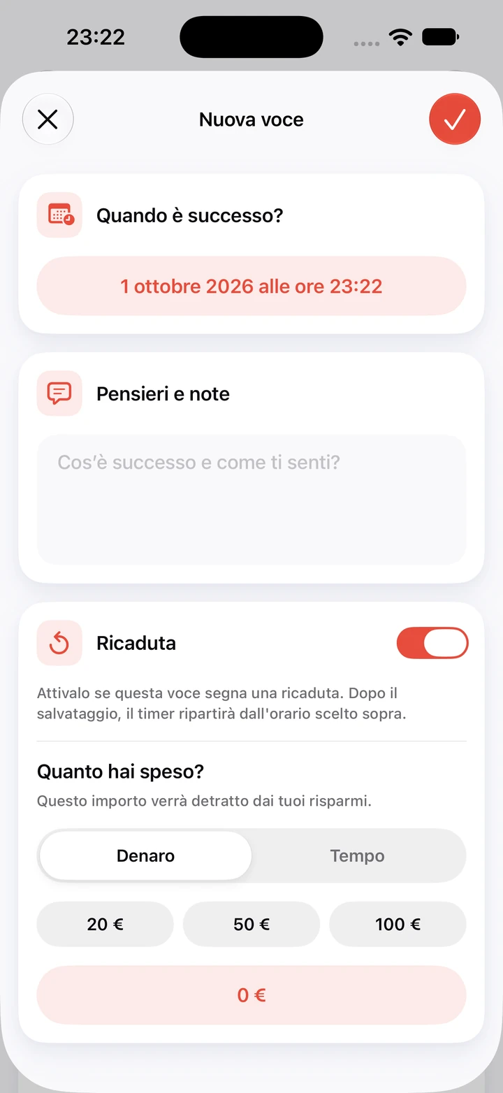 Voce del diario per una ricaduta: 1 ottobre alle ore 23:22, campo Pensieri e note vuoto, interruttore Ricaduta attivo e pulsanti da 20 €, 50 € e 100 € per la somma spesa