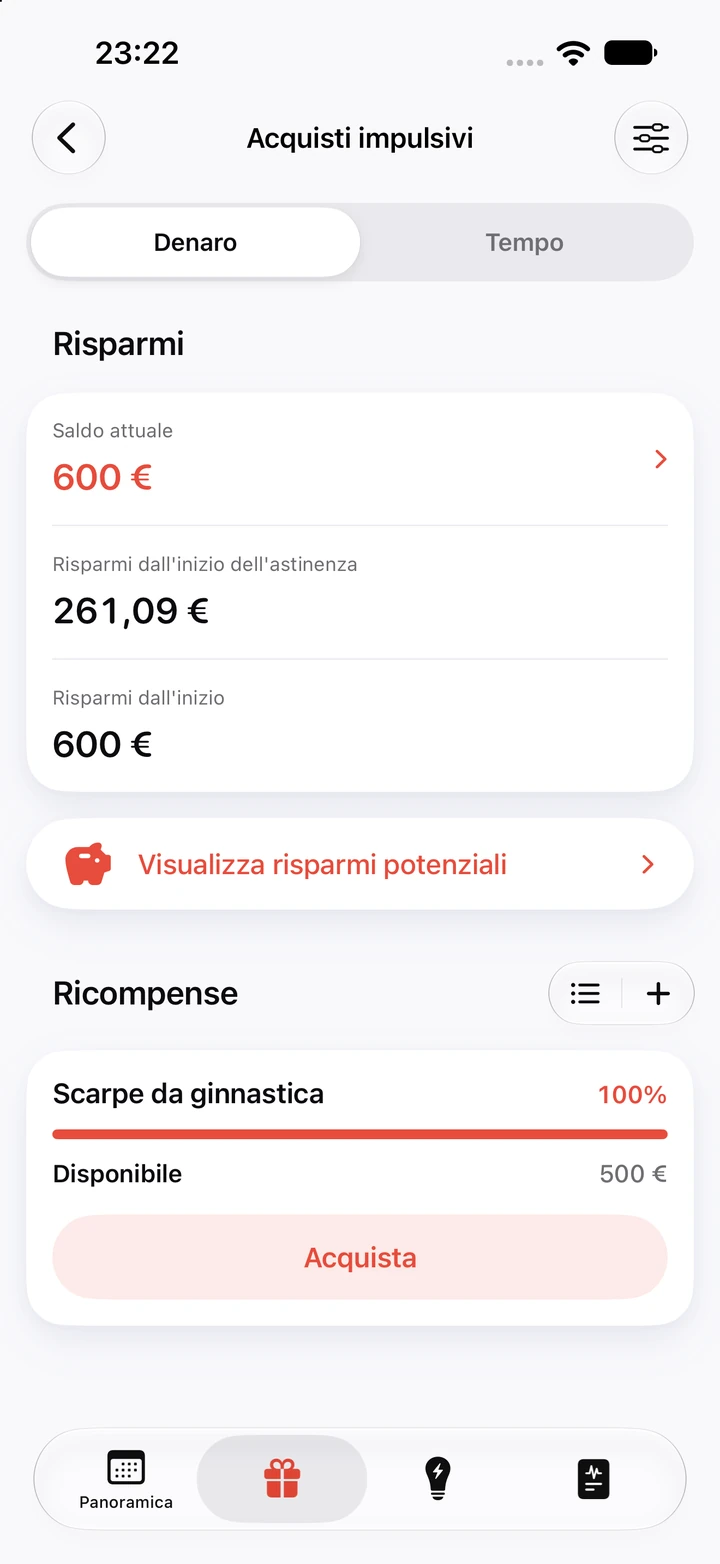Schermata dei risparmi per gli acquisti impulsivi: saldo attuale di 600 €, 261,09 € di risparmi dall'inizio dell'astinenza e una ricompensa «Scarpe da ginnastica» da 500 € riempita al 100% con il pulsante Acquista