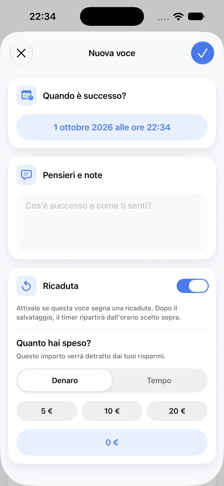 Nuova voce del diario per il fumo: campo note, interruttore Ricaduta attivo e importi rapidi di 5, 10 e 20 € per la somma spesa