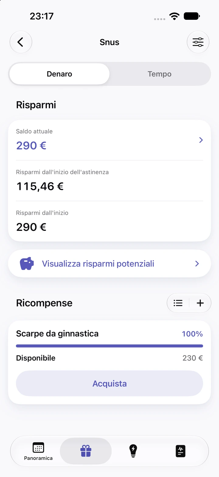 Risparmi dello snus nella scheda Denaro: saldo attuale di 290 €, 115,46 € dall'inizio dell'astinenza, 290 € dall'inizio e una ricompensa «Scarpe da ginnastica» da 230 € al 100% con il pulsante Acquista