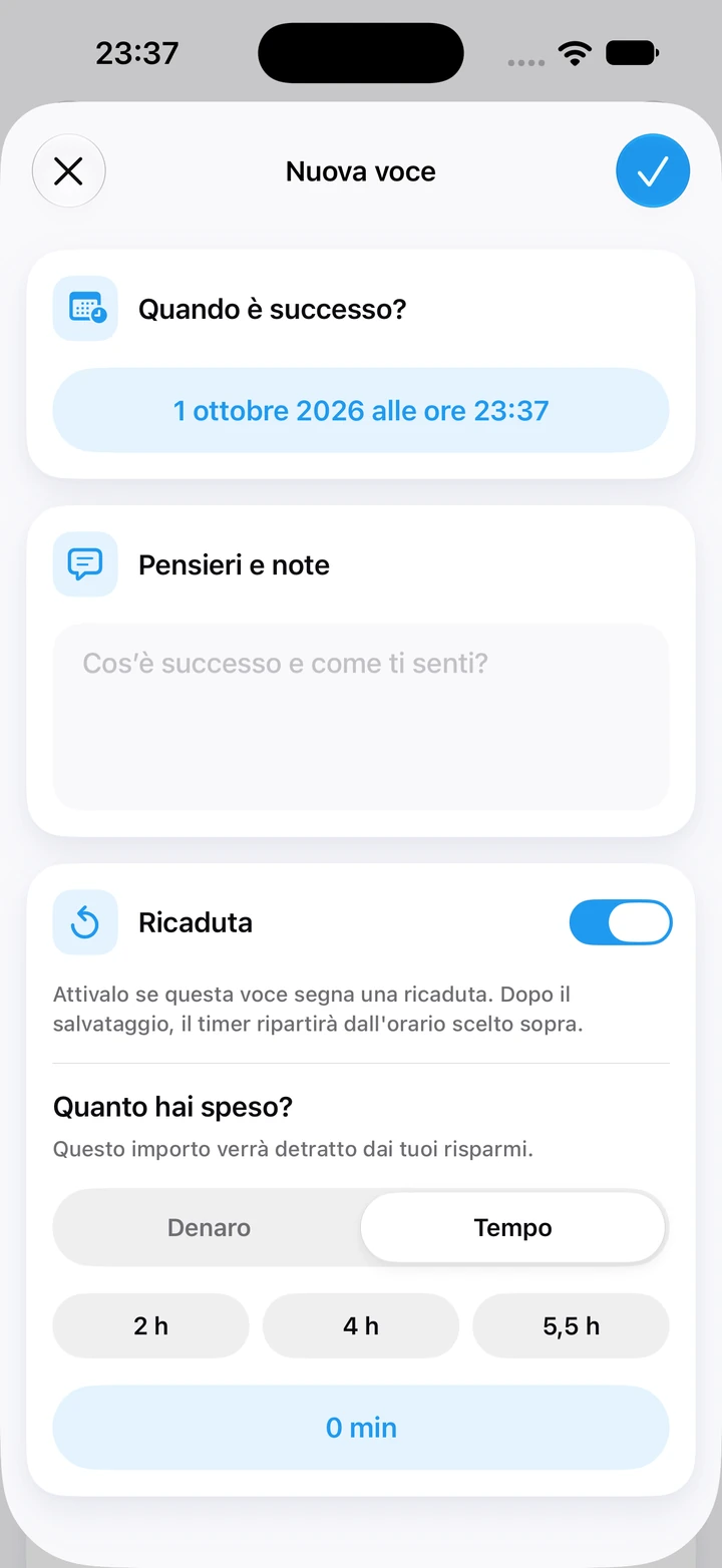 Voce di ricaduta nel diario, impostata sul tempo speso, con le scelte rapide 2, 4 e 5,5 ore e il campo note vuoto