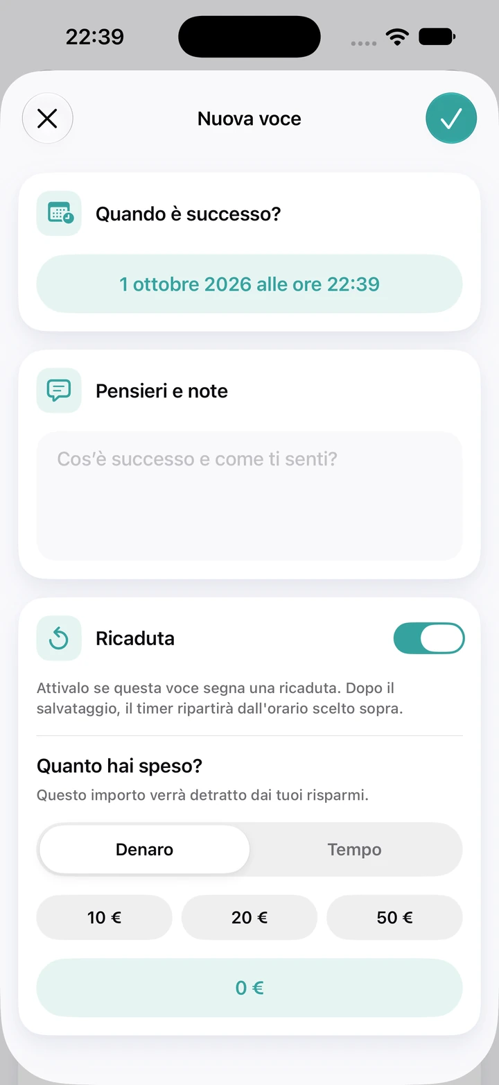 Nuova voce del diario: data e ora, campo Pensieri e note vuoto, interruttore Ricaduta attivo e un campo per la somma spesa