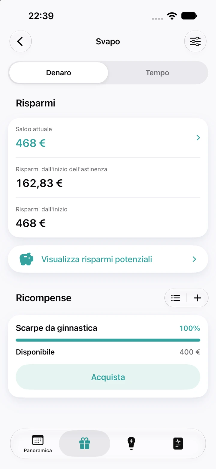 Scheda Denaro dello svapo: saldo attuale di 468 €, 162,83 € risparmiati dall'inizio dell'astinenza e una ricompensa «Scarpe da ginnastica» da 400 € al 100%, pronta da acquistare
