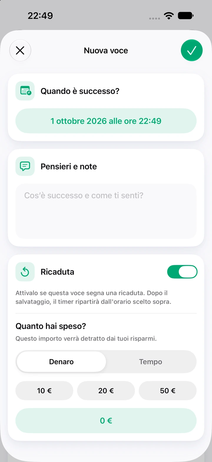 Nuova voce del diario: data e ora, pensieri e note, interruttore Ricaduta attivo e un campo per la somma spesa