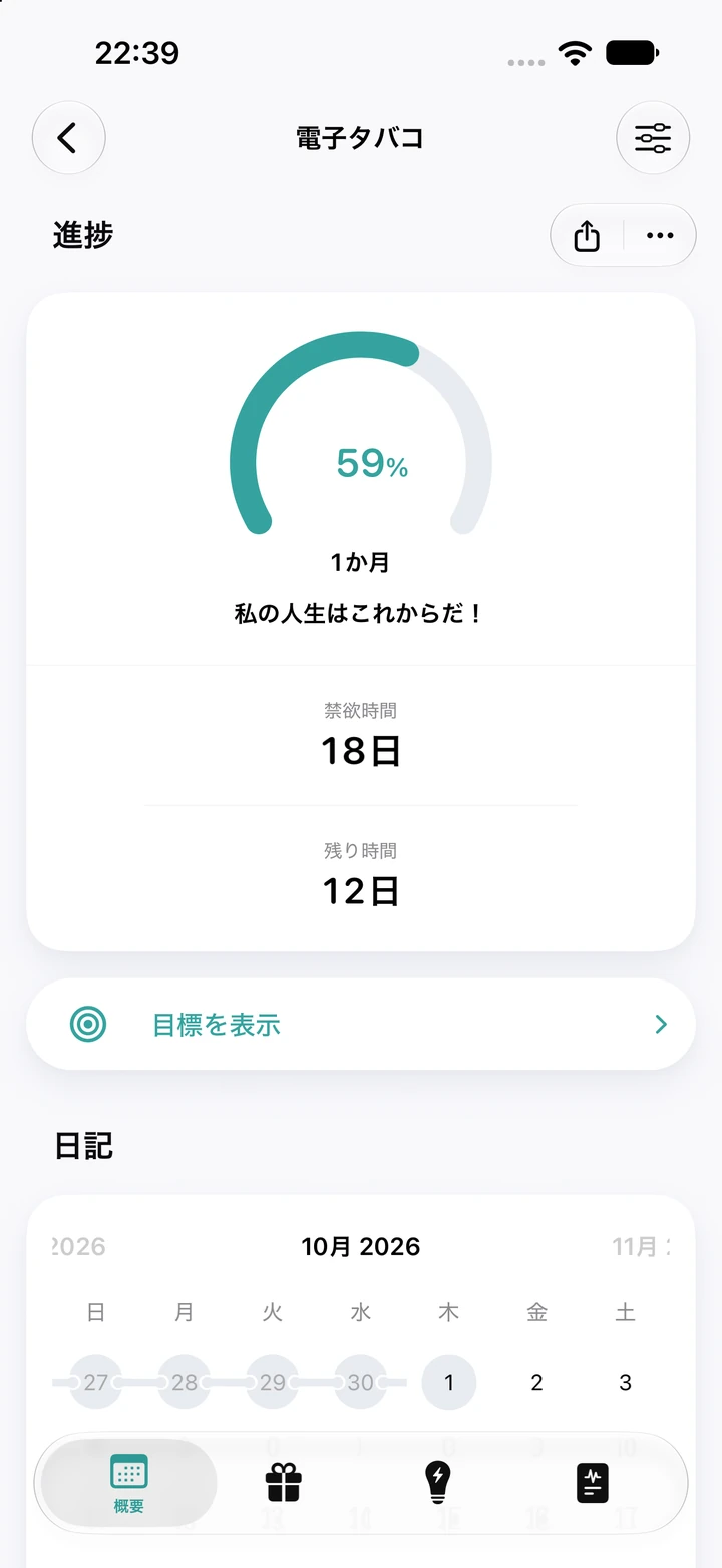 電子タバコの進捗画面：1か月の目標の59%を示すリング、禁欲時間18日、残り12日