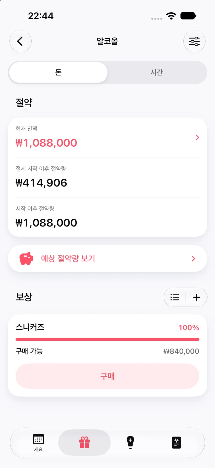 알코올 절약 화면: 현재 잔액 ₩1,088,000, 절제 시작 이후 절약량 ₩414,906, 구매 가능 표시와 구매 버튼이 있는 ₩840,000짜리 스니커즈 보상