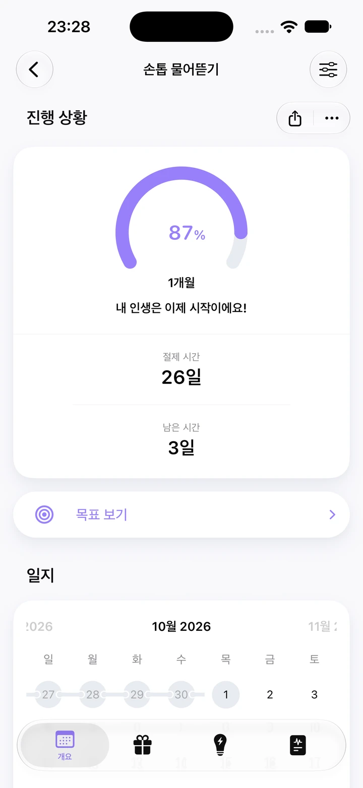 손톱 물어뜯기 진행 상황 화면: 1개월 목표의 87%, 절제 시간 26일, 남은 시간 3일, 아래에 일지 달력