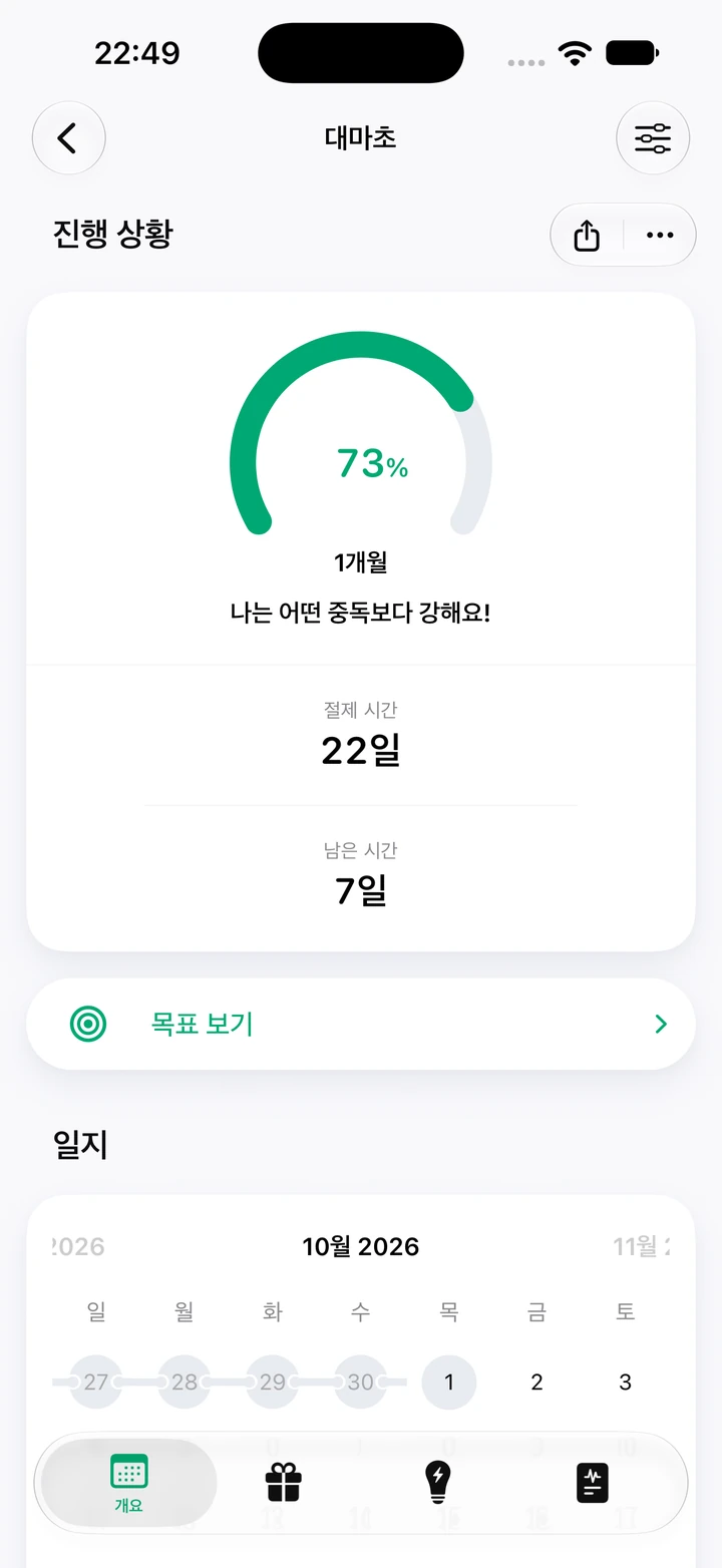 대마초 진행 상황 화면: 절제 시간 22일, 1개월 목표의 73%, 남은 시간 7일