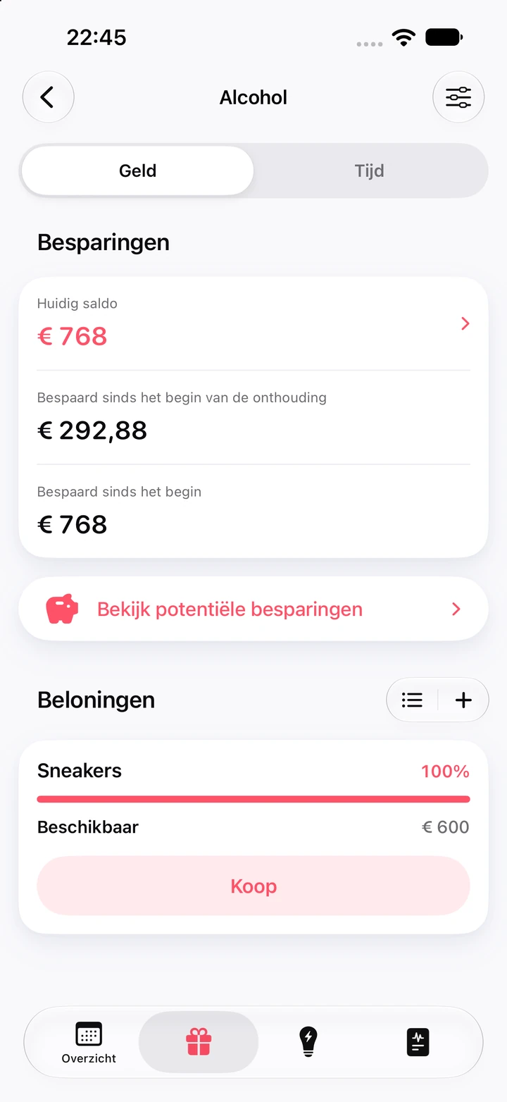 Besparingen voor alcohol: een saldo van € 768, € 292,88 bespaard sinds het begin van de onthouding en de beloning Sneakers van € 600, beschikbaar, met de knop Koop