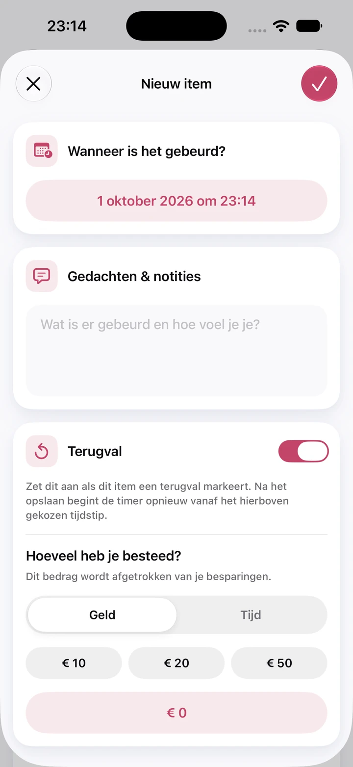 Nieuw item in het dagboek: een leeg veld Gedachten & notities, de schakelaar Terugval aan en een bedragveld op € 0 met snelle keuzes van € 10, € 20 en € 50