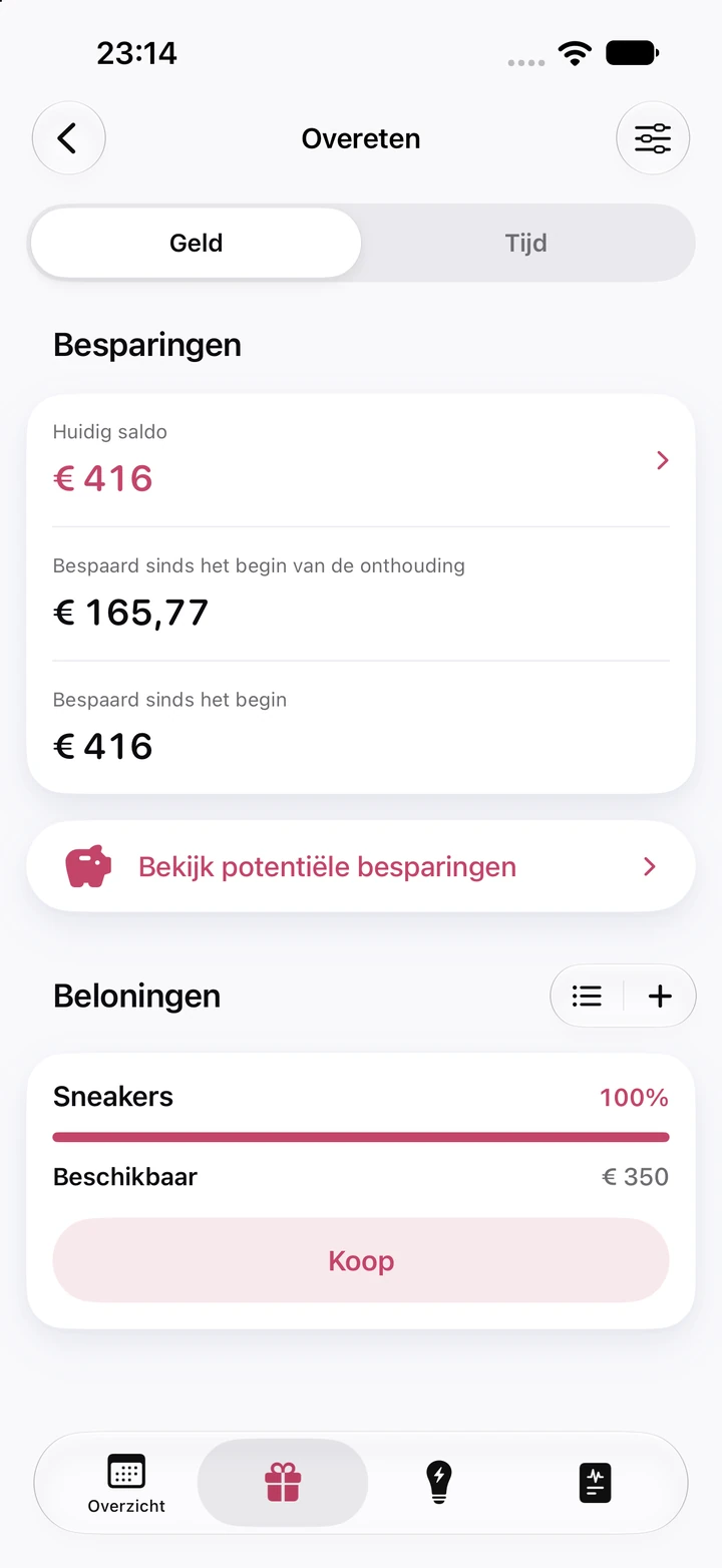 Besparingen voor overeten: een huidig saldo van € 416, € 165,77 bespaard sinds het begin van de onthouding en de beloning Sneakers van € 350 op 100%, klaar om te kopen