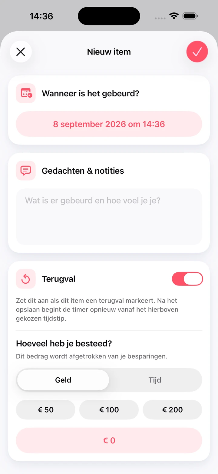 Nieuw item in het dagboek met een notitieveld, de schakelaar Terugval en het bestede bedrag