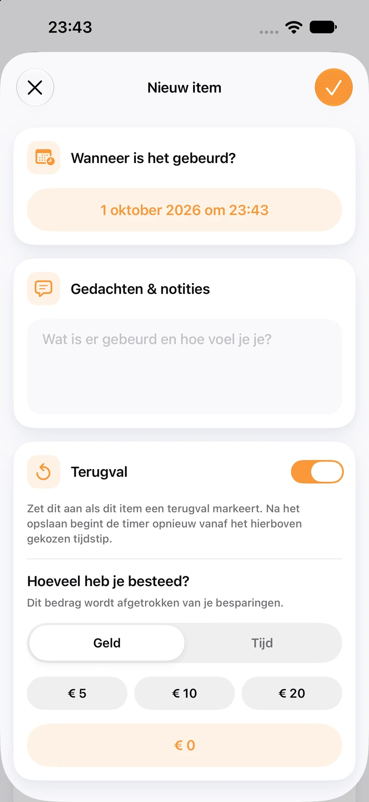 Nieuw item in het dagboek: een leeg veld Gedachten & notities, de schakelaar Terugval aan, en knoppen van € 5, € 10 en € 20 voor het bestede bedrag