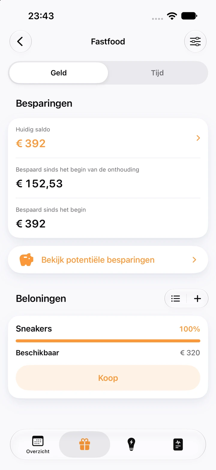 Besparingen voor fastfood: een huidig saldo van € 392, € 152,53 bespaard sinds het begin van de onthouding en de beloning Sneakers van € 320 op 100%, klaar om te kopen