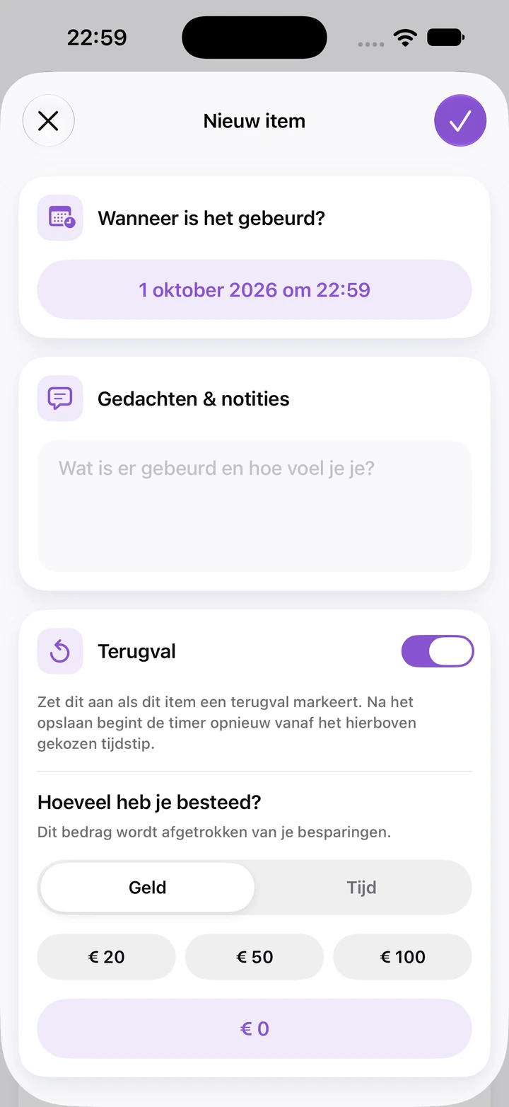 Nieuw item in het dagboek met de schakelaar Terugval aan en een veld voor het bestede bedrag met de opties € 20, € 50 en € 100