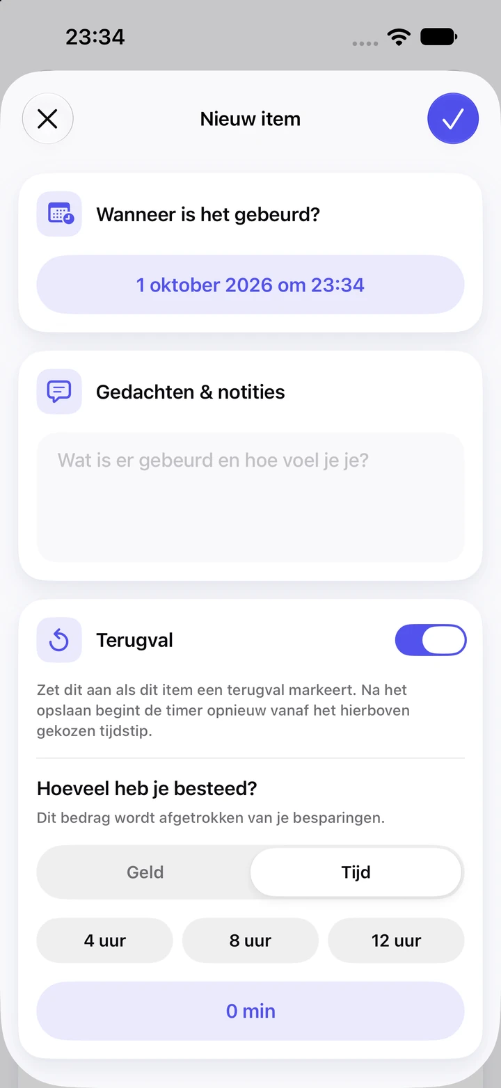 Nieuw item in het dagboek met de schakelaar Terugval aan, een leeg veld Gedachten & notities en een keuze voor bestede tijd met 4, 8 en 12 uur