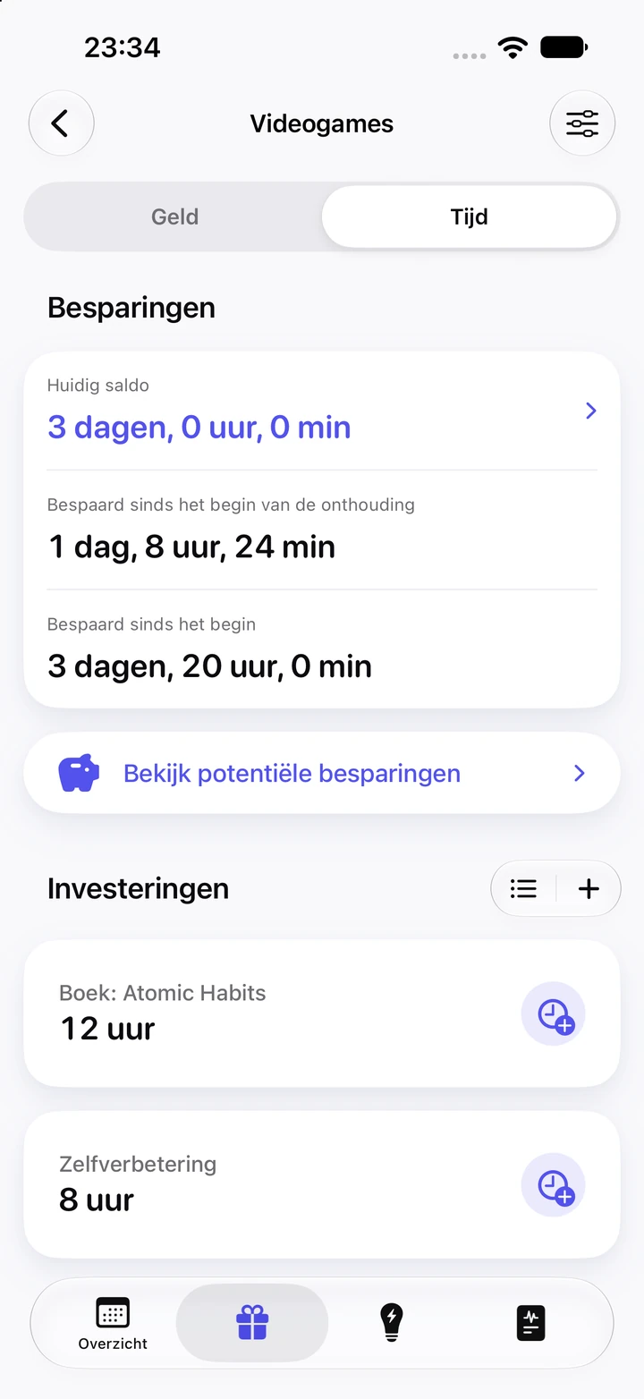 Tijdtabblad voor videogames: een huidig saldo van 3 dagen; 1 dag, 8 uur en 24 minuten bespaard sinds het begin van de onthouding; en 12 uur geïnvesteerd in een boek en 8 uur in zelfverbetering