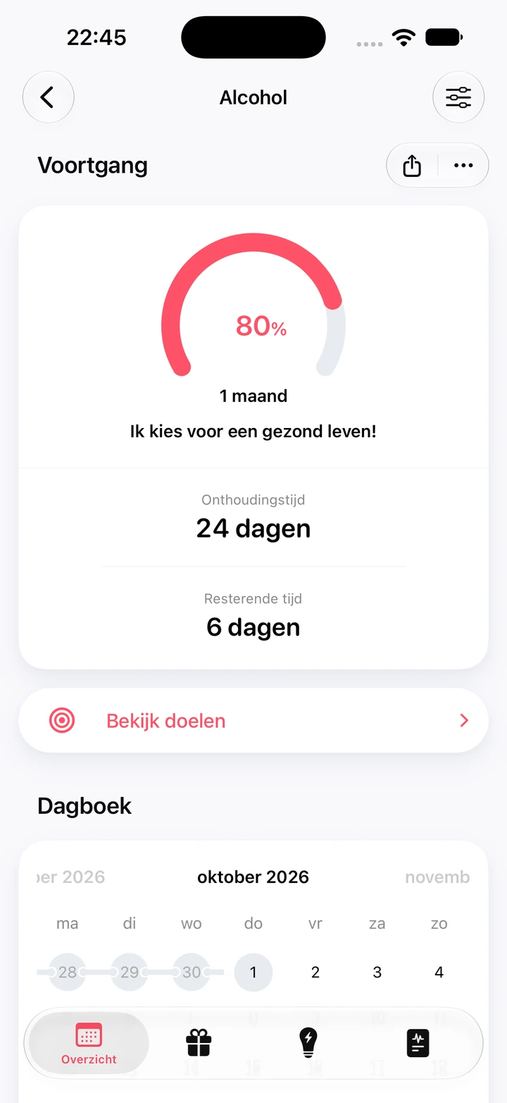 Voortgangsscherm voor alcohol: 24 dagen alcoholvrij, 80% van een doel van 1 maand en nog 6 dagen te gaan