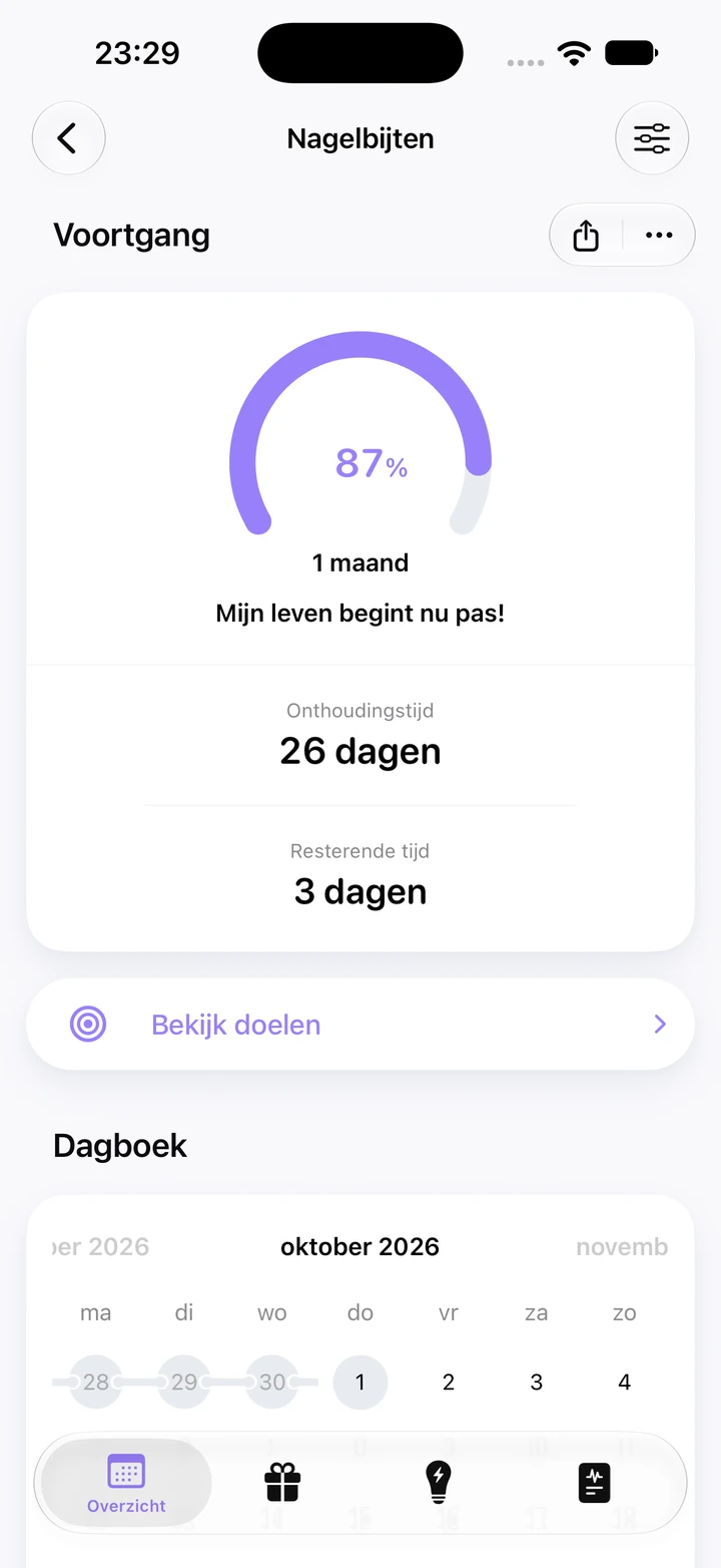 Voortgangsscherm voor nagelbijten: 87% van een doel van 1 maand, 26 dagen onthoudingstijd en nog 3 dagen te gaan, met de dagboekkalender eronder